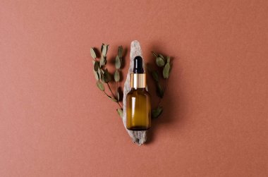 Natural herbal serum in a glass bottle with a pipette for feminine hygiene lies on a piece of old wood, beige background. Skin care. Cosmetic spa product in transparent packaging. Copy space