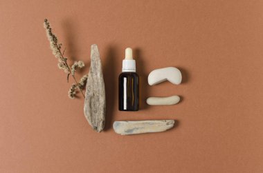 Bej bir zemin üzerinde, doğal malzeme taşları, ahşap, kopyalama alanı olan çimenler olan koyu renk bir cam şişede serum. Kozmetik ürünleri sergileme konsepti