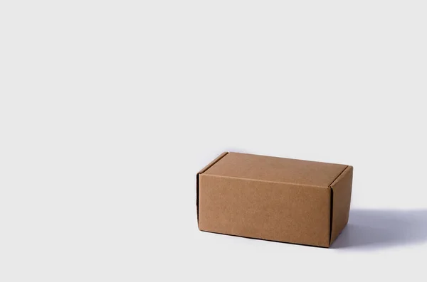 薄い背景に小さな茶色の段ボール箱が立っています コピースペース付きパッケージ製品のための閉じたボックス — ストック写真