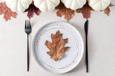 Sonbahar sofrası. Tabak, eşyalar, sonbahar yaprakları ve bej arka planda balkabakları