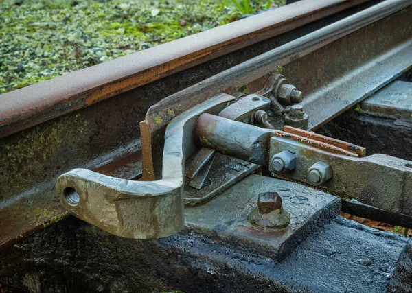 Old Railway Switch Rail Areashowing Conection Pin — Stock Photo, Image