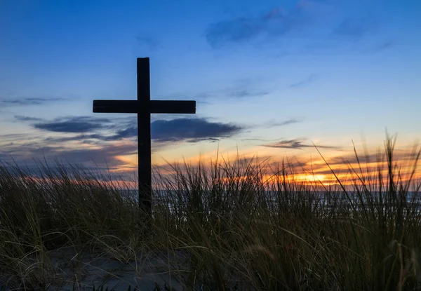 Černý Kříž Foxton Beach Písečné Duně Lehkým Jemným Západem Slunce — Stock fotografie