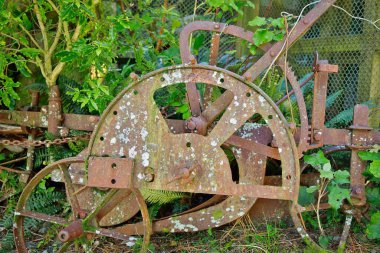 Çok yaşlı ve paslı bir çiftçi yeşil bir bahçe alanında oturuyor..