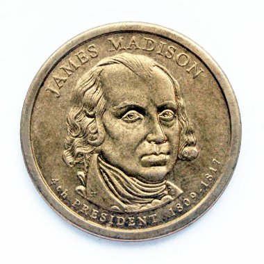 United States 1 dollar coin. The coin shows a portrait of James Madison, 4th president of USA, one of United States Founding Fathers clipart