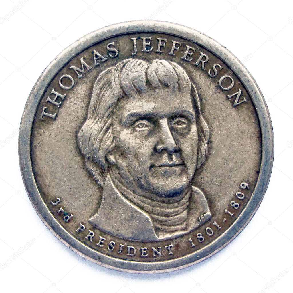 United States 1 dollar coin. The coin shows a portrait of Thomas Jefferson, 3rd president of USA, one of United States Founding Fathers