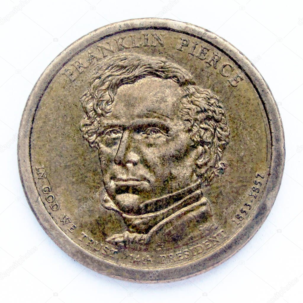 United States 1 dollar coin. The coin shows a portrait of Franklin Pierce, 14th president of USA