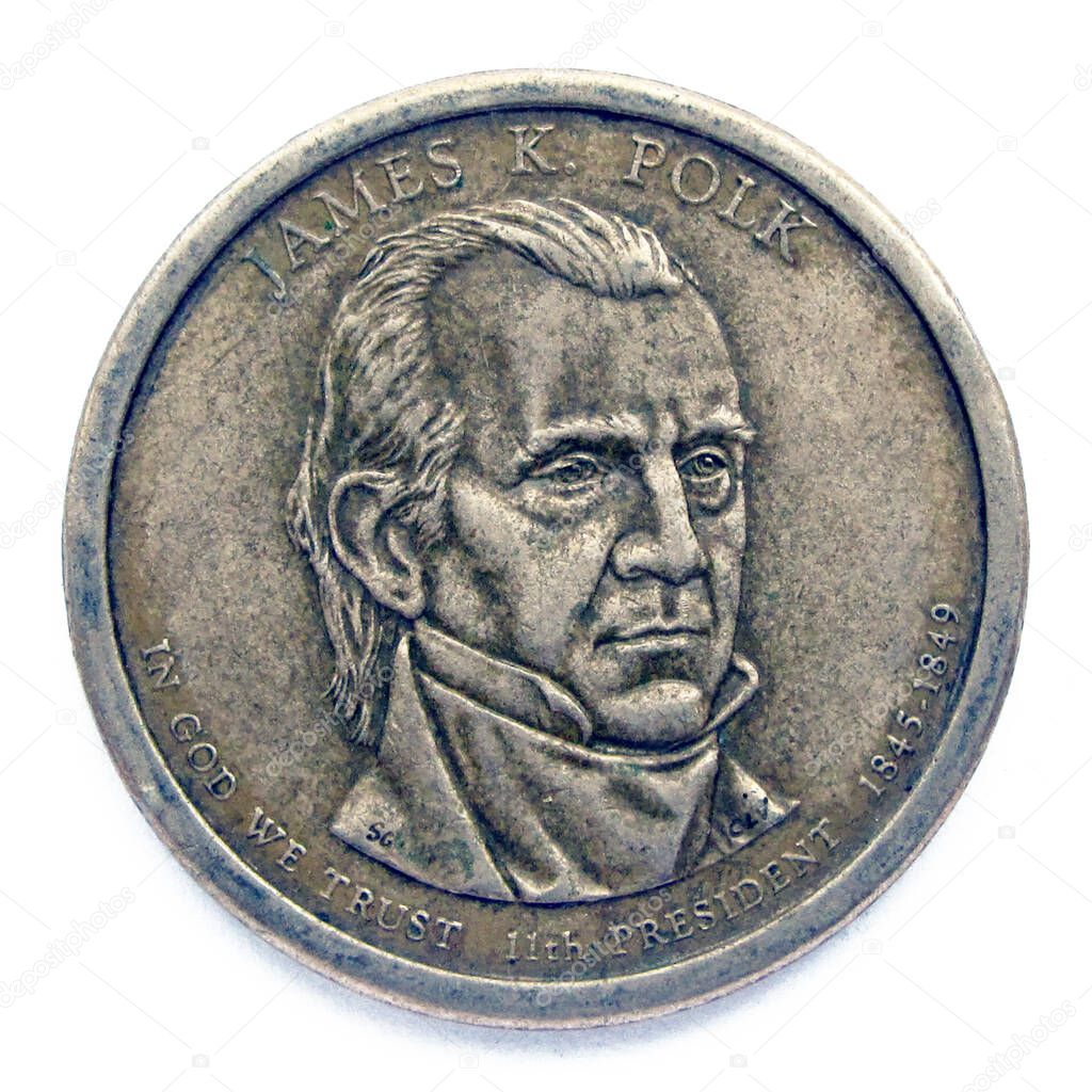 United States 1 dollar coin. The coin shows a portrait of James Knox Polk, 11th president of USA