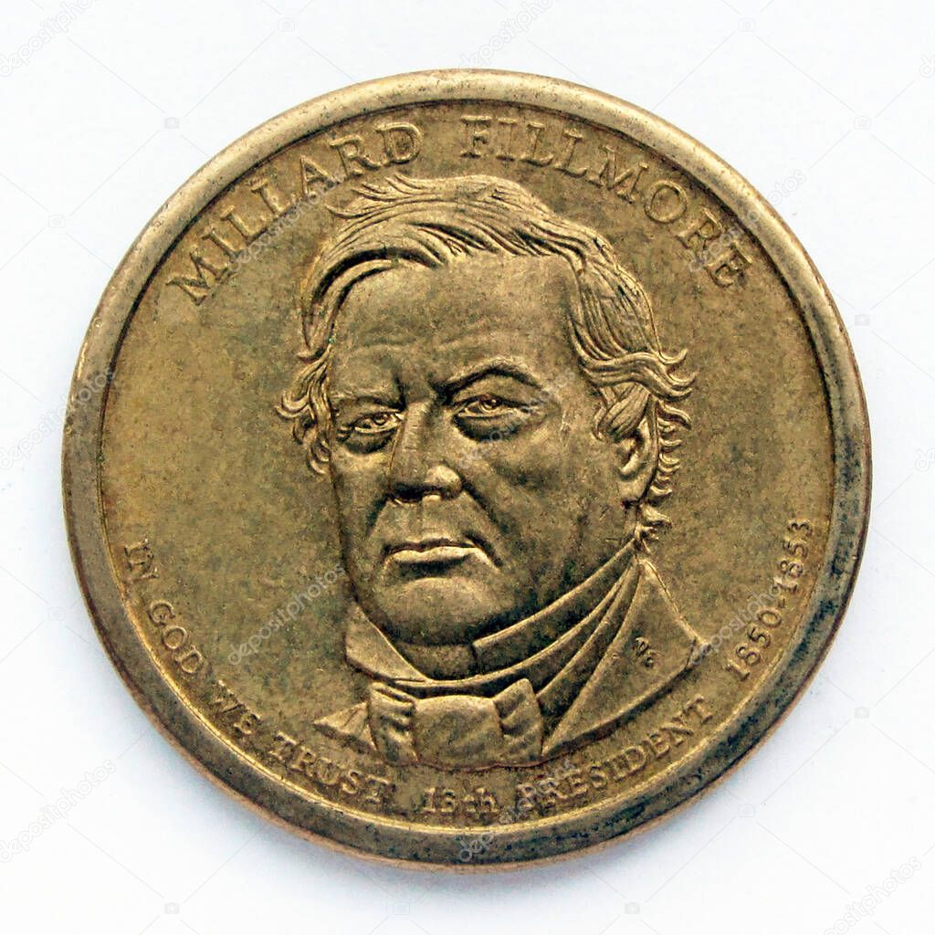 United States 1 dollar coin. The coin shows a portrait of Millard Fillmore, 13th president of USA