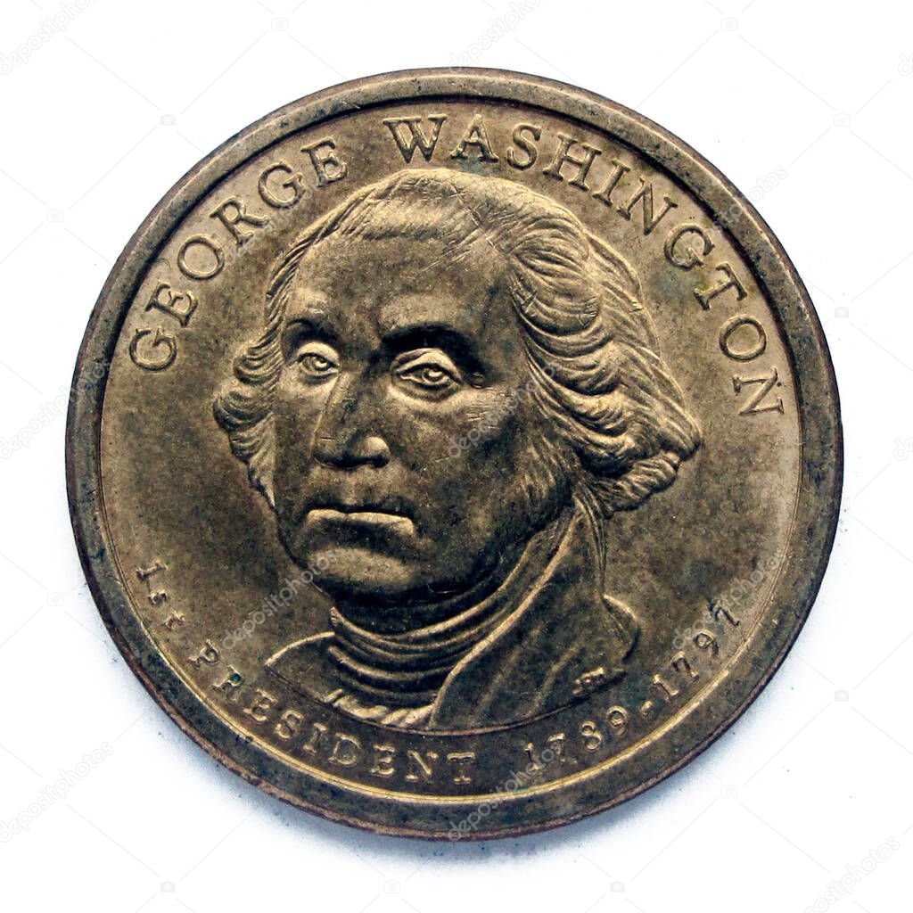 United States 1 dollar coin. The coin shows a portrait of George Washington, 1st president of USA, one of United States Founding Fathers