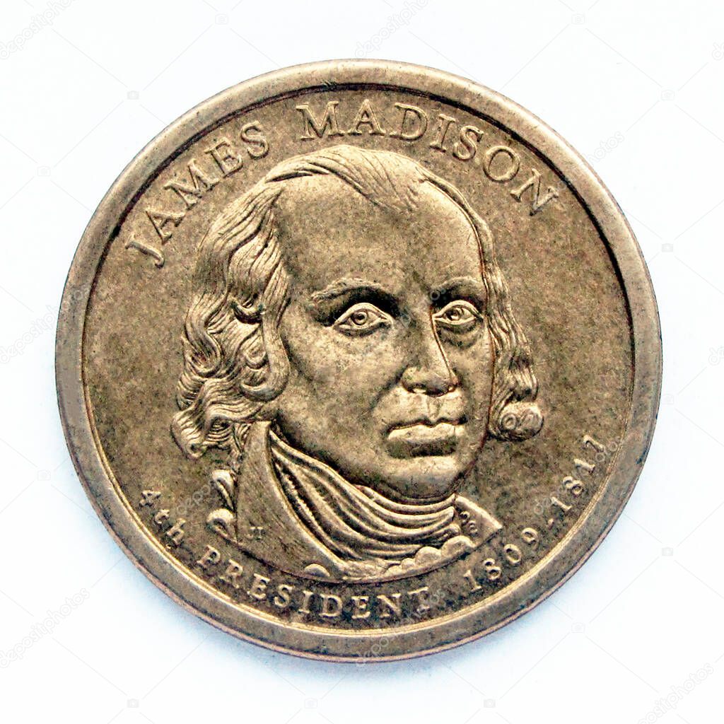 United States 1 dollar coin. The coin shows a portrait of James Madison, 4th president of USA, one of United States Founding Fathers