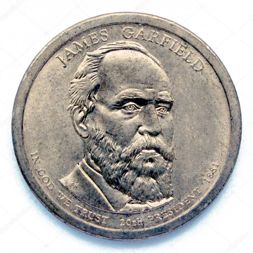 United States 1 dollar coin. The coin shows a portrait of James A. Garfield, 20th president of USA