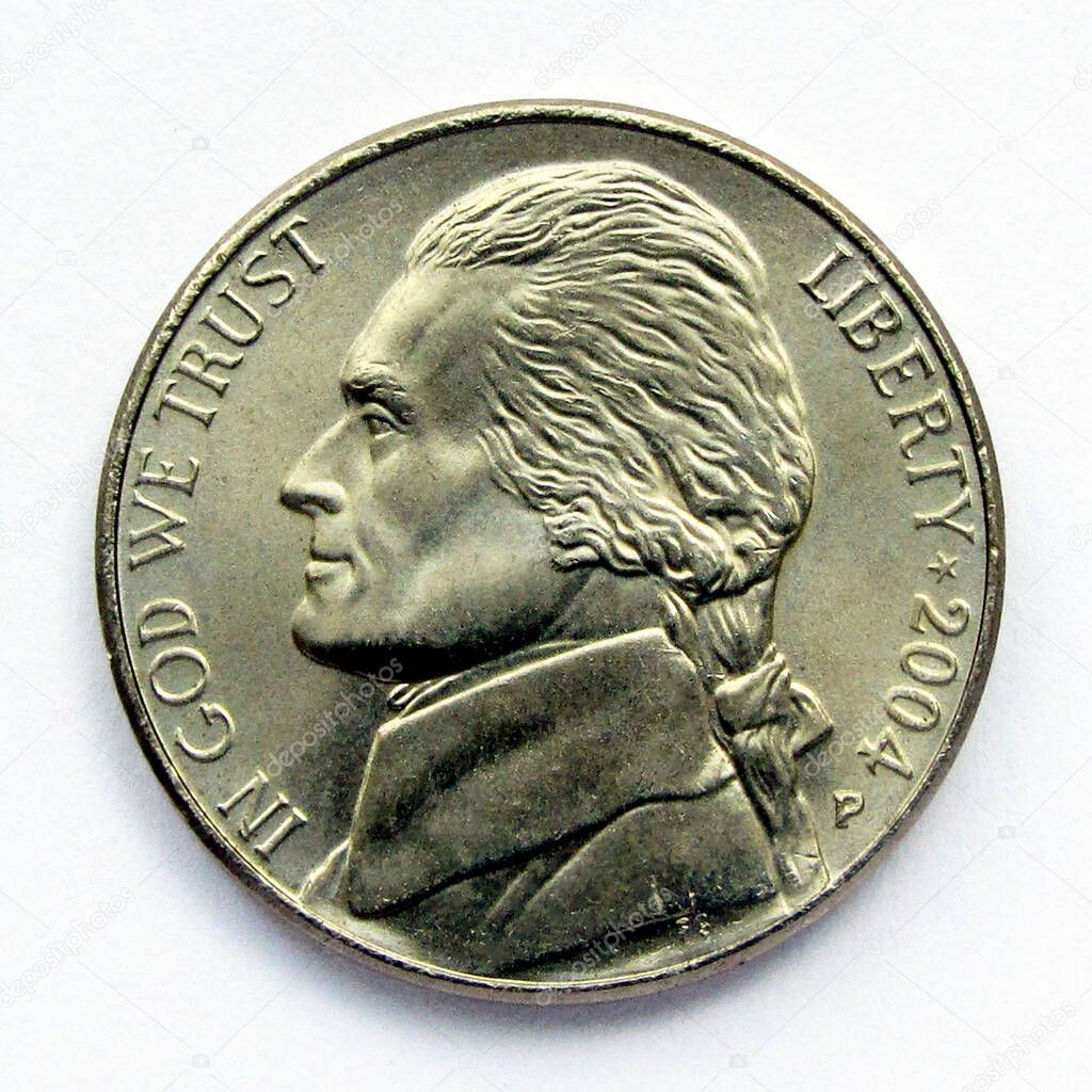 United States 5 cents coin 2004 year. The coin shows a portrait of Thomas Jefferson, 3rd President and one of the Founding Fathers of the United States.