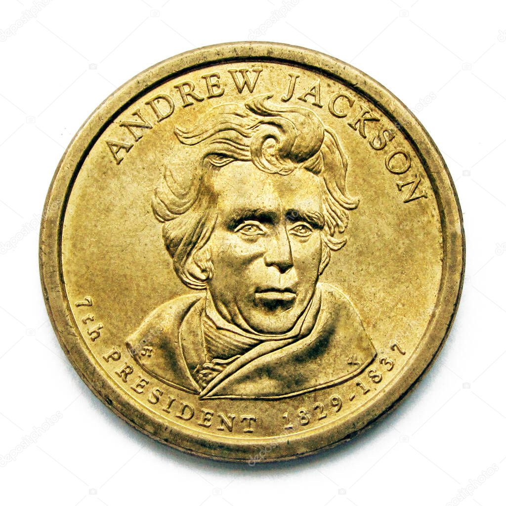 United States 1 dollar coin. The coin shows a portrait of Andrew Jackson, 7th president of USA