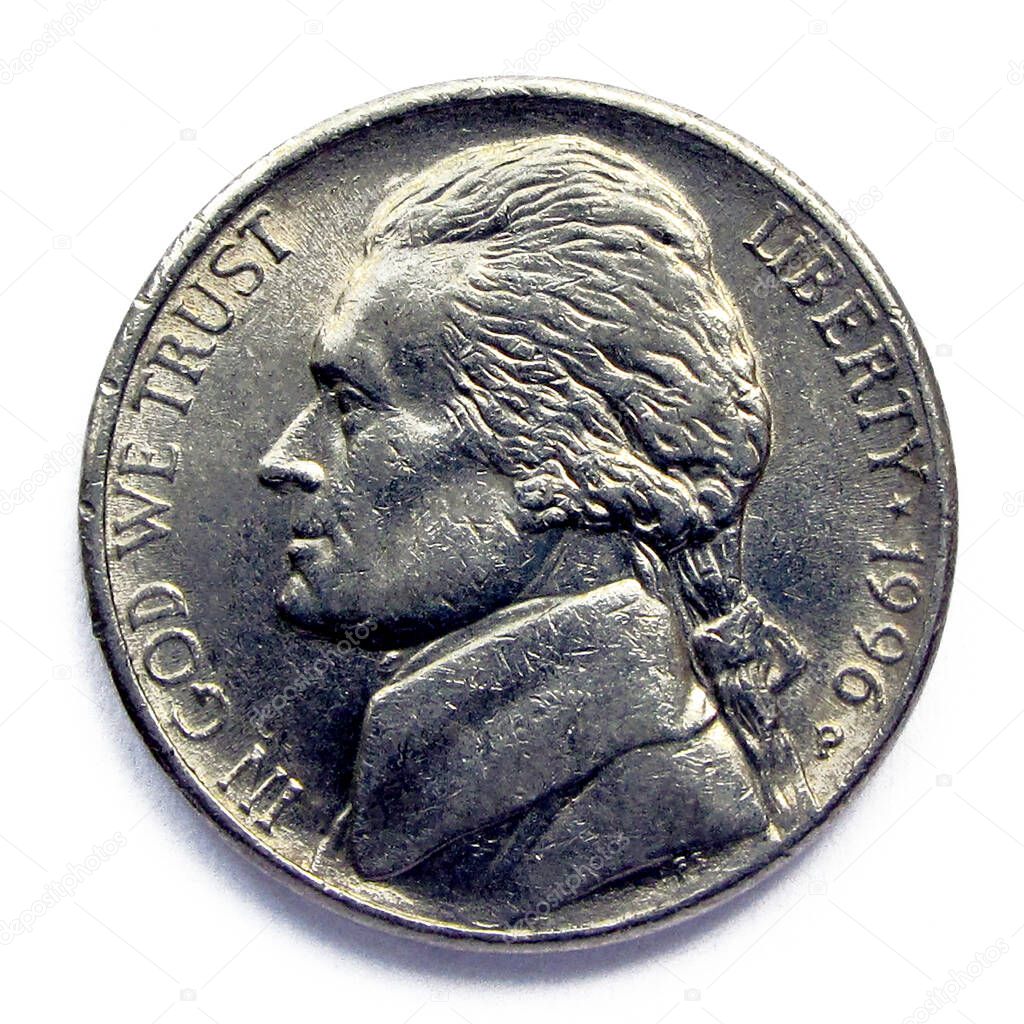 United States 5 cents coin 1996 year. The coin shows a portrait of Thomas Jefferson, 3rd President and one of the Founding Fathers of the United States.