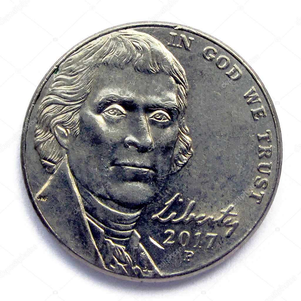 United States 5 cents coin 2017 year. The coin shows a portrait of Thomas Jefferson, 3rd President and one of the Founding Fathers of the United States.