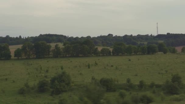 輸送、旅行、道路、鉄道、景観、通信の概念-黄色の小麦畑、電柱や森林の風景の速度列車の窓からの眺め曇りの夏の夜 — ストック動画