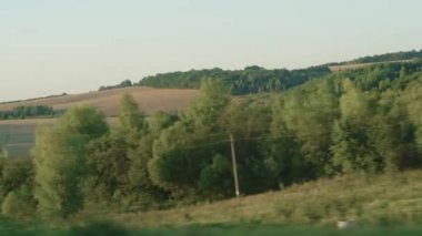 Ulaşım, seyahat, yol, demiryolu, manzara, yakınlaşma konsepti - sarı buğday tarlası, elektrik direkleri ve açık yaz akşamında orman manzarası üzerindeki hız treninin penceresinden manzara