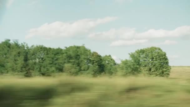 Transporte, viagem, estrada, ferrovia, paisagem, conceito de comnicação - vista da janela do trem de velocidade na paisagem do campo de trigo amarelo, pólos elétricos e floresta em tempo claro ensolarado noite de verão — Vídeo de Stock