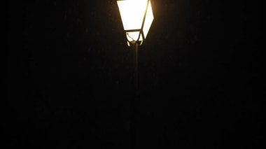 Hava tahmini, anormallik, acil durum, element, kış konsepti. Kar yağışının sabit olmayan el kamerasıyla çekilmesi. Gece parkındaki sokak lambalarının sarı ışığında düşen kar taneleri. Kiev 'deki ilk kar
