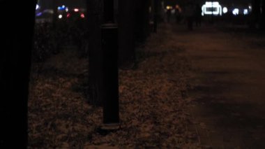 Hava tahmini, anormallik, acil durum, kış konsepti - dengesiz el tipi kar fırtınası. Sokak lambaları ışığında düşen kar taneleri. Kiev 'de kar yağarken park sokağından geçen insanlar.