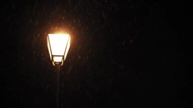 Hava tahmini, anormallik, acil durum, element, kış konsepti. Kar yağışının sabit olmayan el kamerasıyla çekilmesi. Gece parkındaki sokak lambalarının sarı ışığında düşen kar taneleri. Kiev 'deki ilk kar