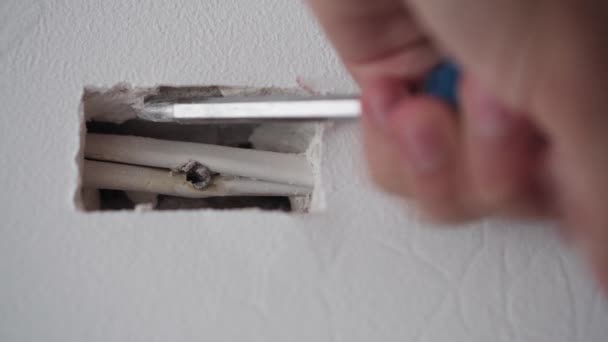 Elettronica, costruzione, elettricità, incidente, sicurezza, concetto domestico - primo piano delle mani maschili con un cacciavite sminuzzatore distrugge l'intonaco. riparazione di cavi elettrici dopo un cortocircuito — Video Stock