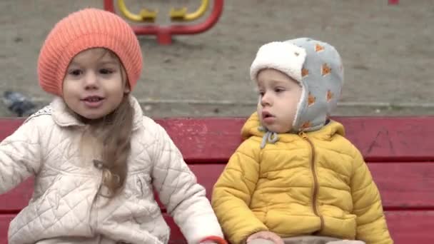 童年、家庭、母性、冬季概念-两个学龄前未成年男孩和2-4岁女孩的兄弟姐妹在秋天公园的操场上玩耍。坐在摇椅上的小孩 — 图库视频影像