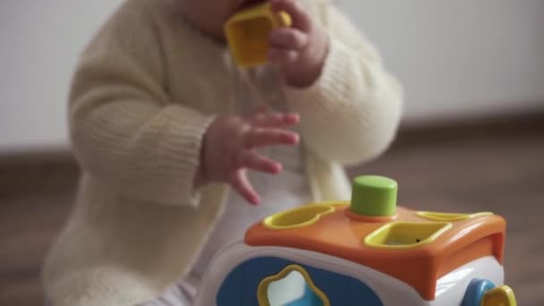 Infant, childhood concept - happy funny playfull toddler kid 8 month baby girl sit playing Car Shape Sorter on mat. chubby active awake gnaws toys her teeth cut on floor in playroom indoors at home — Stock Video