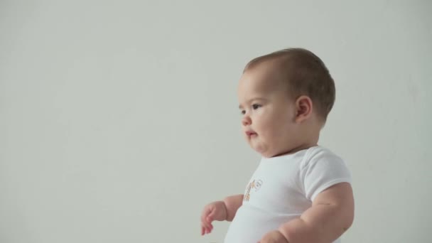 Немовля, концепція дитинства - щасливий смішний повноцінний малюк-малюк 8-місячна дівчинка грає з фіолетовою кулею на день народження. усміхнене пухке активне повзання прокидається на колінах в приміщенні вдома на білому тлі — стокове відео