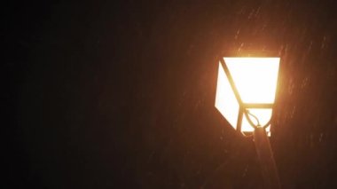 Hava tahmini, anormallik, acil durum, element, kış konsepti. Kar yağışının sabit olmayan el kamerasıyla çekilmesi. Gece parkındaki sokak lambalarının sarı ışığında düşen kar taneleri. Kiev 'deki ilk kar