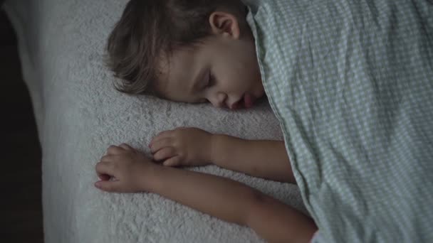 Détente, Rêves sucrés, Enfance, Concepts familiaux - Vue rapprochée sur le dessus Deux petits enfants d'âge préscolaire Bébés Frères et soeurs Dormir sur le lit Couvert d'une couverture à la crèche le midi — Video