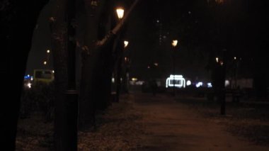 Hava tahmini, anormallik, acil durum, kış konsepti - dengesiz el tipi kar fırtınası. Sokak lambaları ışığında düşen kar taneleri. Kiev 'de kar yağarken park sokağından geçen insanlar.