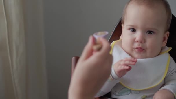 Pierwsze karmienie, jedzenie, odżywianie, koncepcje z dzieciństwa - mama karmi niemowlę gumową łyżeczką. Cute głodny dziecko ubrane w śliniaczek siedzi w foteliku dla dzieci i je śniadanie z talerza w kuchni wewnątrz — Wideo stockowe