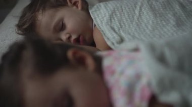 Rahatlama, Tatlı Rüyalar, Çocukluk, Aile Kavramları - Yakın çekim iki küçük anaokulu çocuğu kardeş kardeş öğle yemeği vakti battaniyeye sarılmış şekilde yatakta uyur