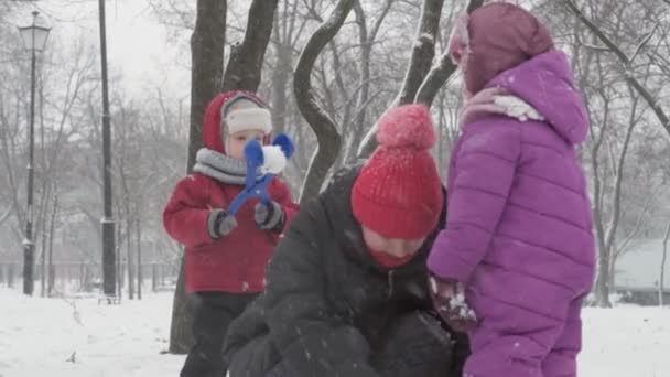 Vinter, semester, spel, familj koncept - Två glada förskola småbarn syskon klädda i hattar och vantar med mamma leker gör snöboll i snöfall i kallt väder i parken utomhus — Stockvideo