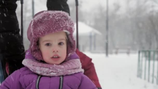 Vinter, Barndom, Faderskap, lek, familjekoncept - närbild Två glada förskolebarn småbarn syskon barn pulka ha kul tillsammans med pappa i snöfall kallt väder i parken utomhus — Stockvideo