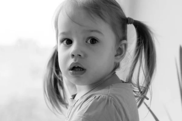 Childhood, loneliness, isolation, sadness, hope concepts - One sad anxious worried Toddler preschool minor kid baby girl looking at camera posing by window. Frightened childs eyes. Black and white — Fotografia de Stock