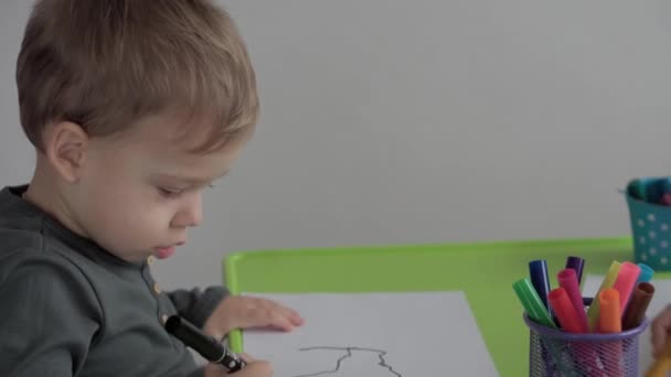 Art, éducation, enfance, concepts - Petits enfants d'âge préscolaire intelligents et heureux tout-petits dessinent avec des stylos à pointe de feutre et des crayons assis à table à l'intérieur. enfants souriants peint à l'intérieur — Video