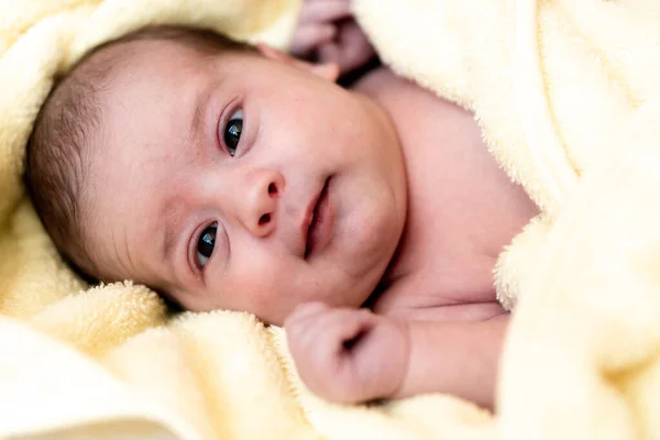 童年、照顾、卫生、母性、纯真的概念- -用温热的黄色毛巾包裹淋浴后，紧闭湿透了的新生儿，看着相机吸吮着小指。婴儿第一次洗澡 — 图库照片