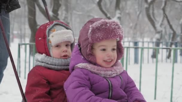 Vinter, Barndom, Faderskap, lek, familjekoncept - närbild Två glada förskolebarn småbarn syskon barn pulka ha kul tillsammans med pappa i snöfall kallt väder i parken utomhus — Stockvideo