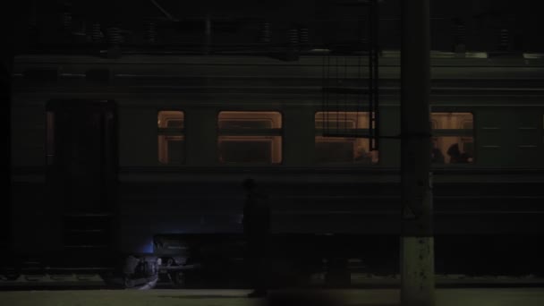 Ulaşım, yol, demiryolu, manzara, yakınlaşma, konsept - gece yarısı tren istasyonundaki trendeki insanları pencereden izlemek. Karlı kışta kırsal bölgelerde demiryolu ile seyahat etmek — Stok video