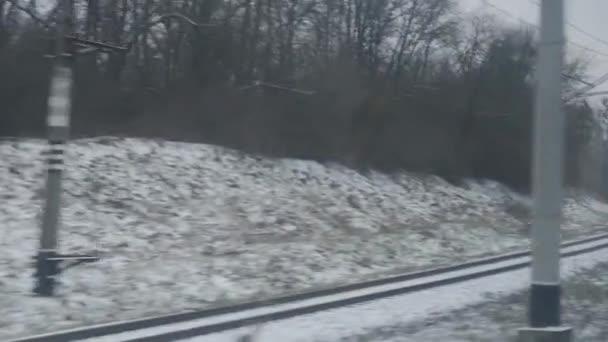 Trasporto, strada, ferrovia, paesaggio, comnication, concetto - vista da finestra di treno di velocità su paesaggio di campo coperto dalla neve naturale e foresta durante bufera di neve invernale. viaggiare in campagna in treno — Video Stock