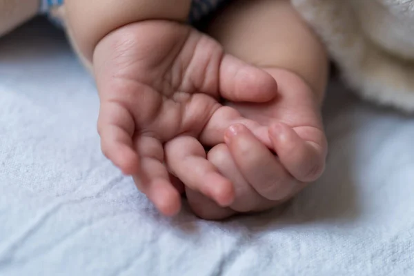 Gyermekkor, gondozás, anyaság, egészség fogalmak - Close up Kis kezek tenyér béke nyugodt csecsemő kisbaba lány alvás pihenés mély alvás szóló ölelés mackó játék puha meleg takaró — Stock Fotó