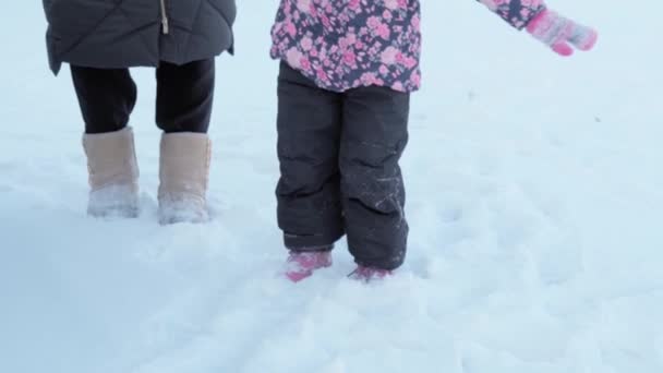 Invierno, vacaciones, juegos, conceptos familiares - paralaje de plan medio de la niña de 3-4 años de edad preescolar auténtica en púrpura en el prado cubierto de nieve arroja nieve con la mano. niño correr en zona nevada — Vídeo de stock