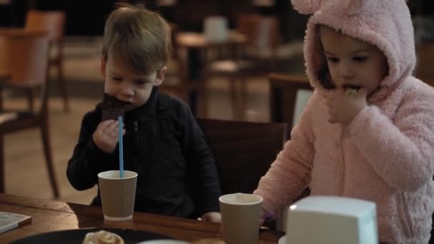 Primer plano de dos hermanos preescolares menores auténticos niños y niñas en un café bebiendo una bebida de vidrio de cartón y paja. Infancia, cafeterías y restaurantes, juegos, centros comerciales concepto. — Vídeos de Stock