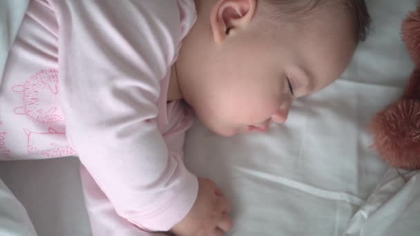 Auténtico retrato lindo bebé caucásico regordete niña o niño en sueño rosa con oso de peluche en la cama blanca. niño descansando a la hora del almuerzo. cuidado, Niñez durmiente, Infancia, paternidad, concepto de vida — Vídeo de stock