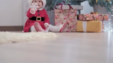 Noel Baba şapkası takan, kırmızı elbiseli, mutlu, mutlu, tombul bir kız çocuğu. Yeni yıl atmosferini kutlarken evdeki Noel ağacının yanında iyi eğlenceler. Çocukluk, bayram, kış konsepti