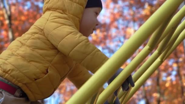 Infanzia, famiglia, maternità, concetto di attività - bambino in età prescolare 2-4 anni in berretto arancione rosso che gioca nel parco giochi nel freddo parco autunnale. bambino piccolo divertirsi sui gradini scale all'aperto — Video Stock