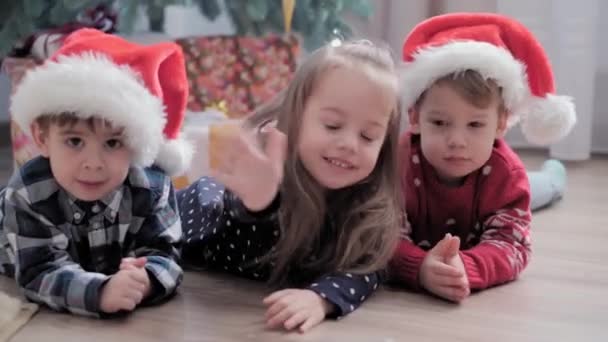 Auténtica alegría feliz niños ver dibujos animados en el teléfono inteligente regocijarse por el juego del árbol de Navidad divertirse juntos. Los niños preescolares celebran el ambiente festivo de Año Nuevo en casa. Invierno, concepto de vacaciones — Vídeo de stock