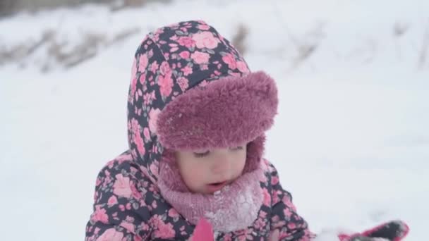 Vacanza, gioco, concetto di infanzia - Slo-mo autentico felice bambino in età prescolare bambina viola cappello e guanti soffia neve e fiocchi di neve da palma. nevicate nella stagione fredda tempo in inverno all'aperto — Video Stock